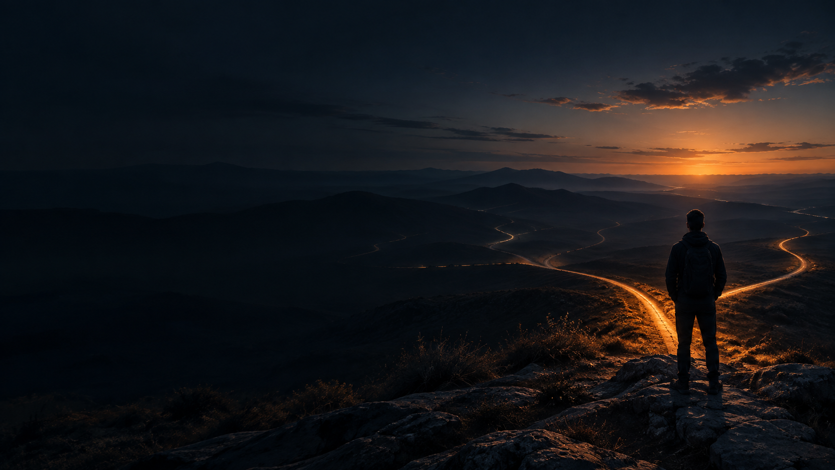 Entrepreneur overlooking branching roads representing business growth stages at sunset